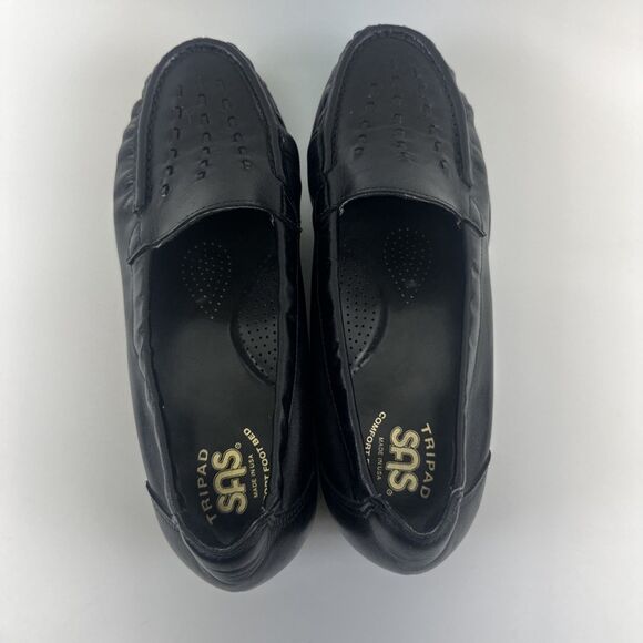 SAS Weave Slip On Loafer Black Leather Moc Toe Wedge Comfort Womens 8 W Wide - Picture 6 of 11